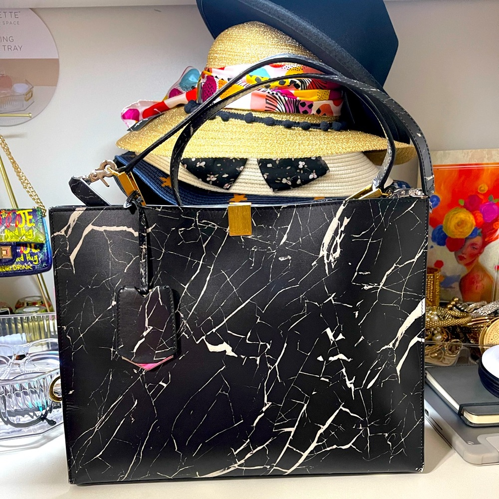 BALENCIAGA Le Dix Cabas black marble print top handle structured tote bag